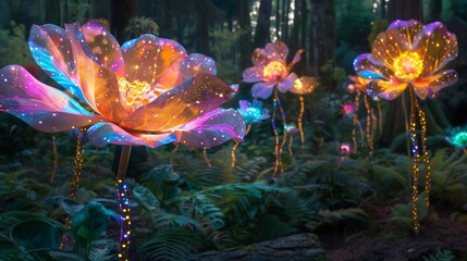 Giant bioluminescent flowers glow vibrantly, creating a magical, enchanting garden in the forest.