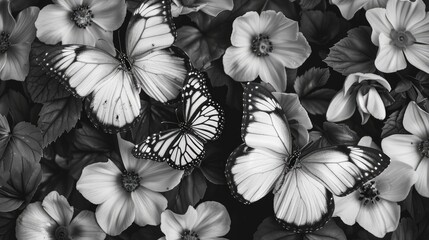 Butterflies in black and white resting on flowers