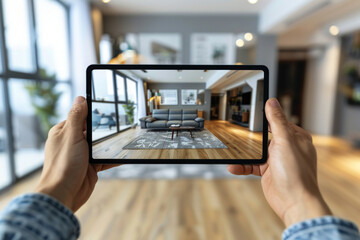 Digital Display of Minimalist Living Room on Tablet in Person’s Hands