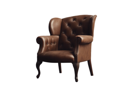 Old styled brown vintage armchair made with lather and wooden legs isolated on transparent background