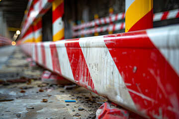Close-Up of Red and White Construction Barriers on a City Street at Dawn