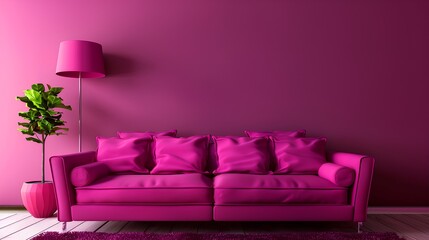 Photo of a fuchsia sofa in front of an empty wall, symbolizing the color's bold and energetic nature for home decor. Web banner with copy space on the right side. 