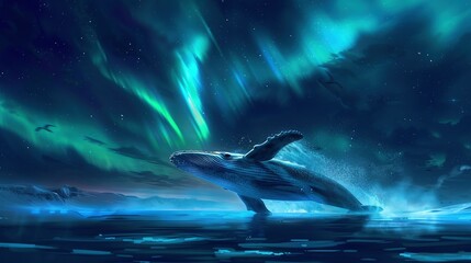 Humpback Whale Breaching with Dreamy Aurora Borealis