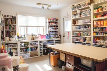 A craft room with organized shelves full of supplies and a large worktable.