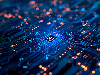 Close-up of an AI chip on a motherboard at full capacity processing information.