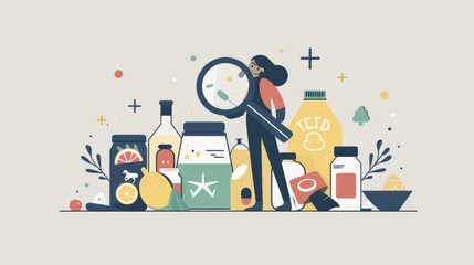 Illustration of a Person Closely Scrutinizing Grocery Goods with Magnifying Glass