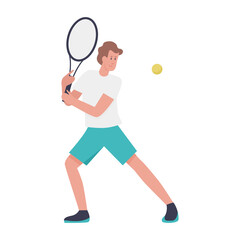 Man playing tennis, male player standing, holding racket to hit ball vector illustration