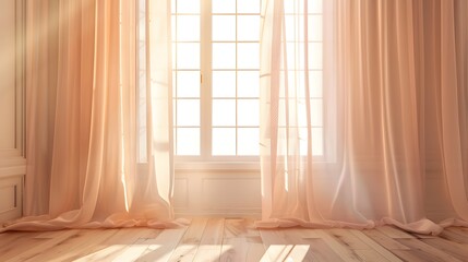 Backlit window with delicate beige-pink translucent curtains in an empty room. 