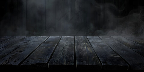 Wooden table in dark room background concept for advertising Wooden floor in a dark room with smoke. Abstract background.