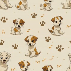 Obraz premium Cute cartoon design dogs with paw prints seamless pattern vector illustration style