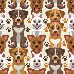 Cute cartoon design dogs with paw prints seamless pattern vector illustration style