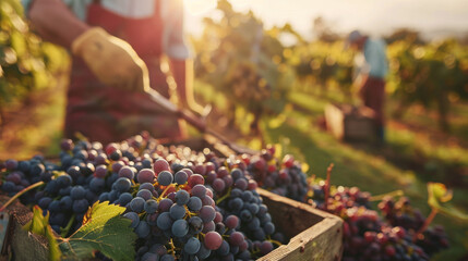 Vineyard workers harvesting grapes for wine production during harvest season, showcasing the colorful grapes, rustic vineyards with rows of vines and wooden boxes