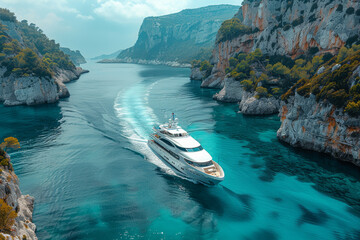 A luxury yacht cruising along a picturesque coastline dotted with secluded coves and pristine...