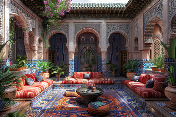 A traditional Moroccan riad adorned with colorful tiles and ornate furnishings, offering an authentic cultural experience. Concept of Arabian hospitality and elegance. Generative Ai.