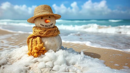 Snowman s winter escape  seaside adventure with melting snowman on holiday journey