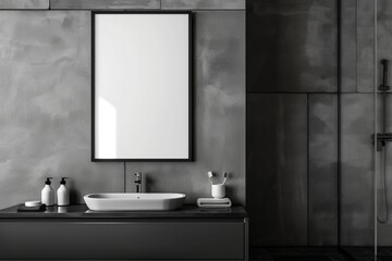 Front view on blank white poster on light grey wall in stylish monochrome bathroom with dark sink cabinet, shower with glass partition and ceramic tiles wall background. , mockup
