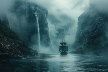 Fototapeta premium A majestic fjord landscape carved by ancient glaciers, with towering cliffs and cascading waterfalls. Concept of Nordic wilderness and dramatic scenery. Generative Ai.