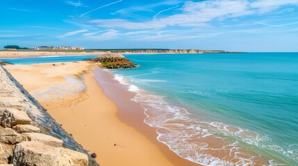 Breakwaters stretch along a sunny European beach, their sturdy structures contrasting with the soft sand and vibrant blue sea