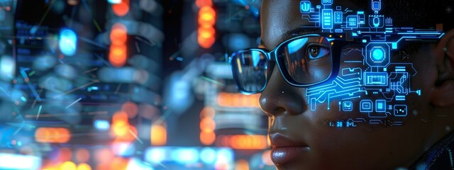 High-Tech Digital Portrait with Neon Lights and Virtual Interface