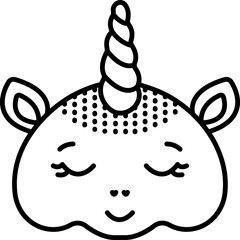 Sleeping unicorn muzzle, fabulous animal head, black line vector icon, editable stroke illustration, pixel perfect monochrome sign