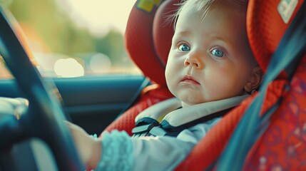 A baby is sitting in a car seat and looking out the window