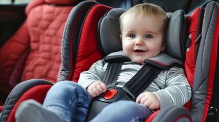 A baby is sitting in a car seat with a smile on his face. The car seat is red and has a black strap