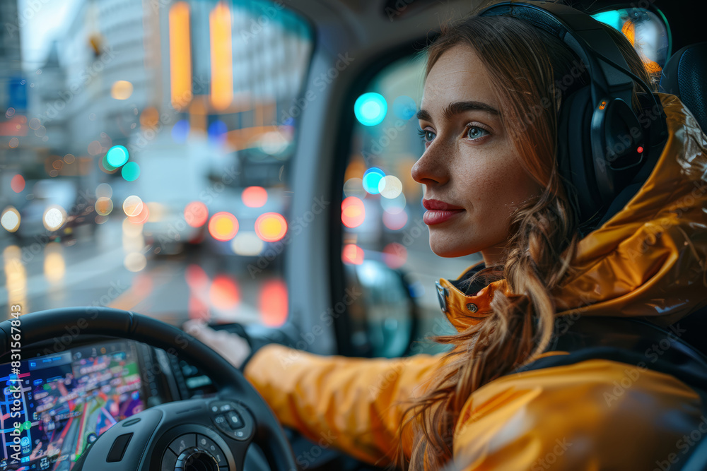Poster a person utilizing a ride-hailing app to request a ride from an autonomous shuttle, experiencing the