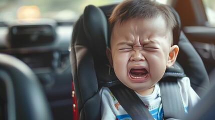 A crying baby in a car seat