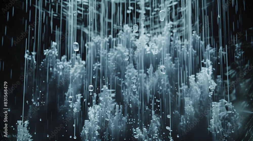 Poster a dynamic digital waterfall where each droplet syncs with a beat, creating an immersive sound and vi