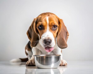 Beagle dog sitting on white background and eating from a bowl.