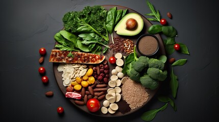 Illustration of a plant-based diet, with a background of various types of vegetables, fruits and grains