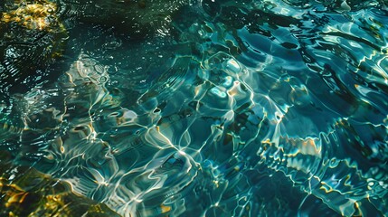Transparent blue clear water surface texture with ripples, splashes and bubbles.