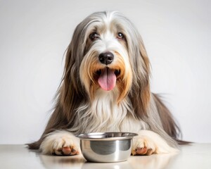 Bearded Collie dog sitting on white background and eating from a bowl.