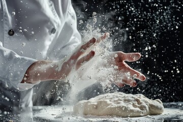 Fototapeta premium White flour flies in air on black background, pastry chef claps hands and prepares yeast dough for pizza pasta