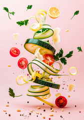 Lamelles de courgettes et tomates cerises en vol