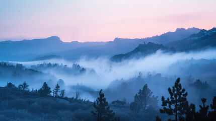 Obraz premium Mountain landscape with fog in the morning light.
