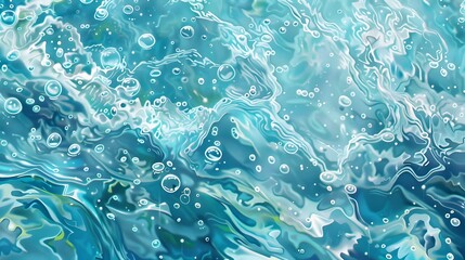 Obraz premium Transparent blue clear water surface texture with ripples, splashes and bubbles.