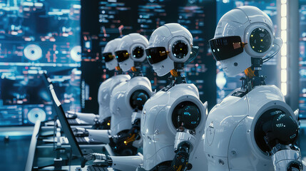 Fototapeta premium Futuristic robots working in a high-tech control room