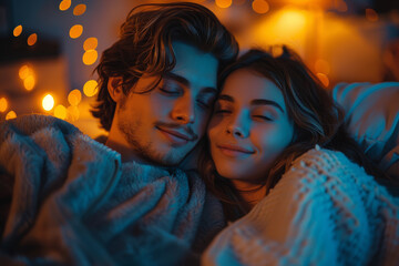 Partners cuddling on the couch while watching a movie together. Concept of relaxation and bonding. Generative Ai.