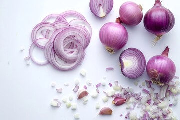 Whole and sliced onions isolated on white background. Top view