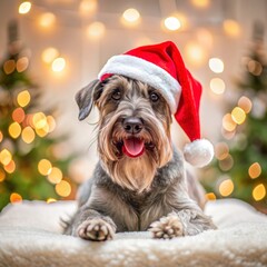 Cesky Terrier breed dog wearing Santa hat on blurred Christmas background.