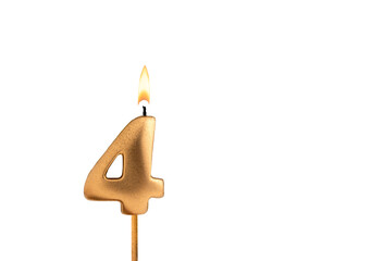 Golden candle number 4 - Birthday on white background