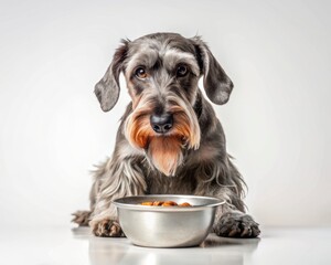 Cesky Terrier dog sitting on white background and eating from a bowl.
