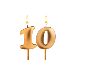 Golden candle number 10 - Birthday on white background