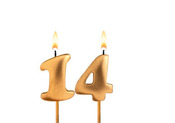 Golden candle number 14 - Birthday on white background