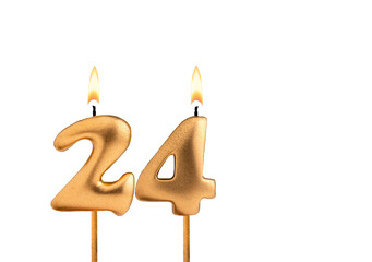 Golden candle number 24 - Birthday on white background