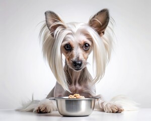 Chinese Crested dog sitting on white background and eating from a bowl.