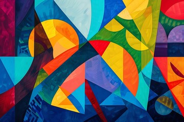 A geometric abstraction composed of interlocking shapes and vibrant colors.