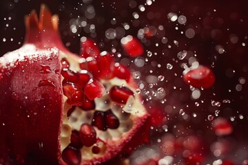 A pomegranate is being cut in half and water splashed on it