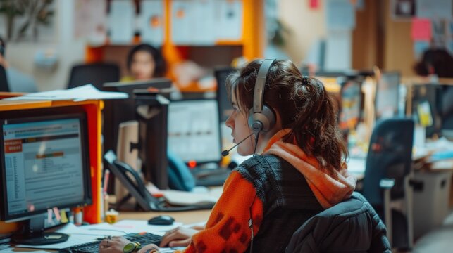 Dedicated Helpline Center Volunteers Assisting Callers with Empathy and Focus in Vibrant Detail - Powered by Adobe